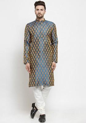 Navy Blue Woven Design Poly Blend Kurta Set For Men
