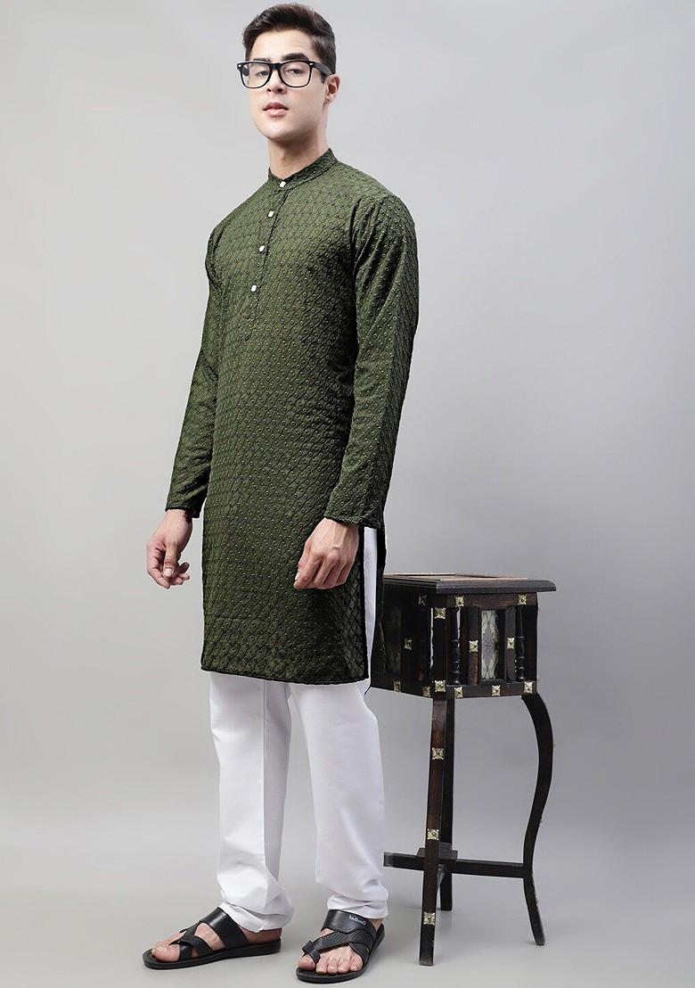 Olive Embroidered Poly Blend Kurta Set For Men