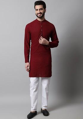 Maroon Embroidered Poly Blend Kurta Set For Men