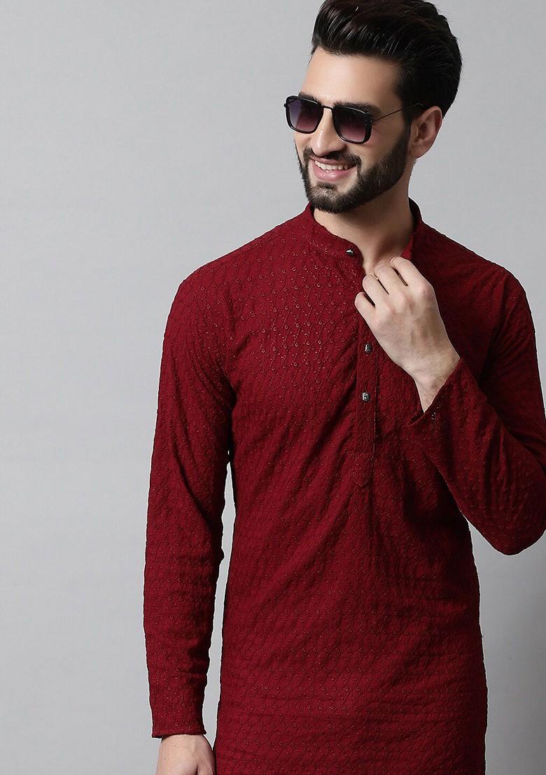 Maroon Embroidered Poly Blend Kurta Set For Men