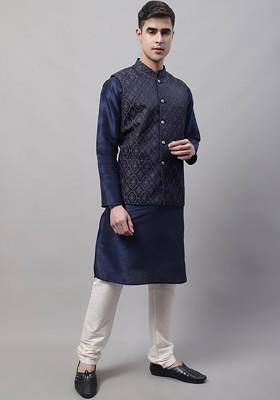 Navy Blue Woven Design Poly Blend Kurta Set For Men