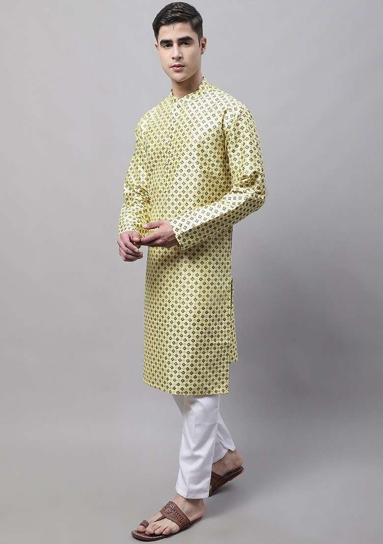 Yellow Printed Poly Blend Kurta Set For Men - Indya