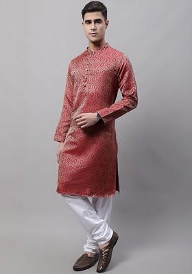 Maroon Woven Design Poly Blend Kurta Set For Men