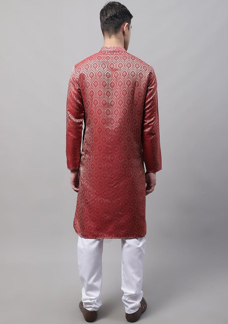 Maroon Woven Design Poly Blend Kurta Set For Men
