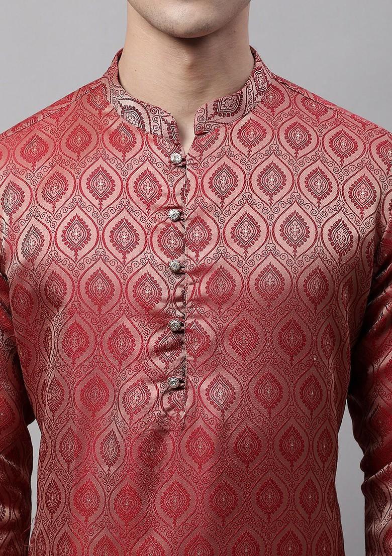 Maroon Woven Design Poly Blend Kurta Set For Men