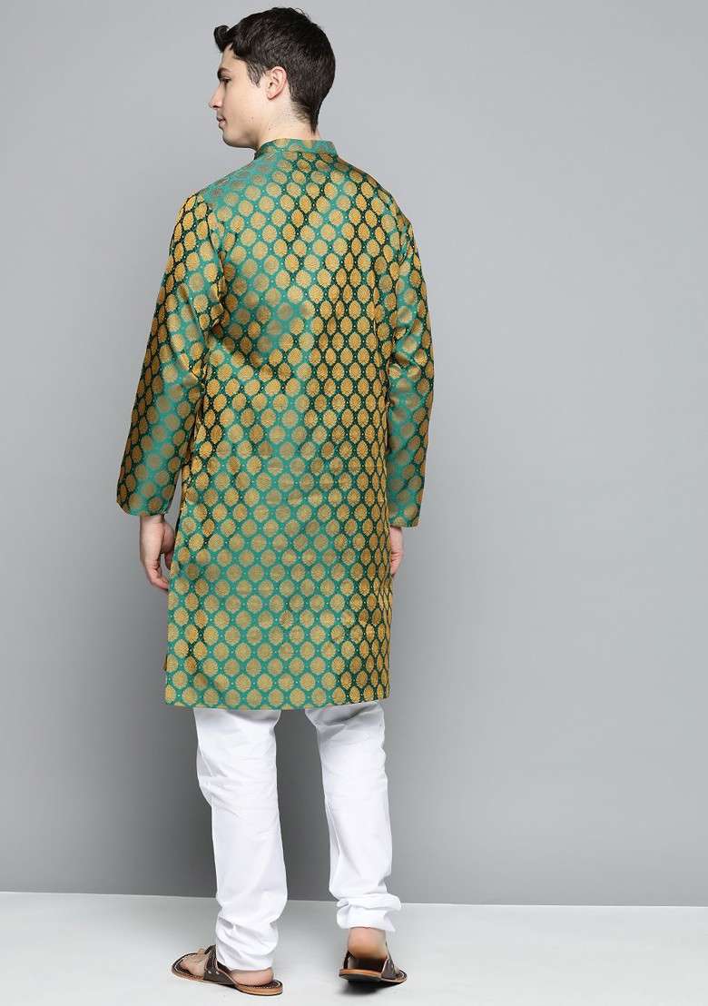 Green Ethnic Motif Poly Blend Kurta Set For Men - Indya