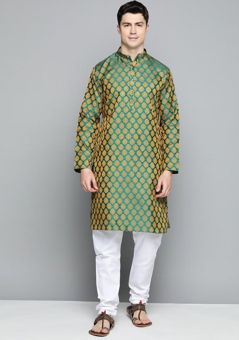 Green Ethnic Motif Poly Blend Kurta Set For Men