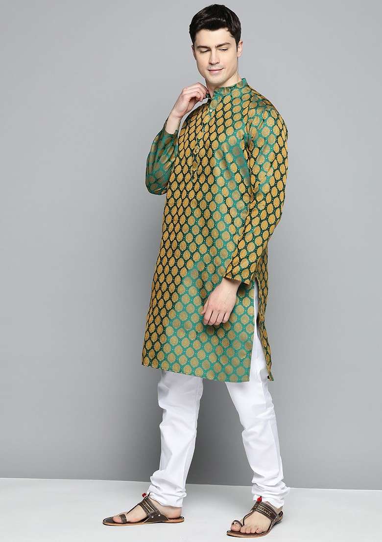Green Ethnic Motif Poly Blend Kurta Set For Men - Indya