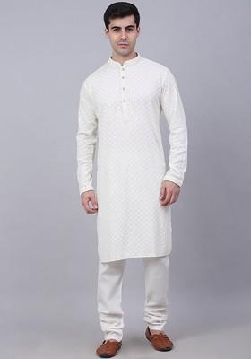 Off White Embroidered Poly Blend Kurta Set For Men