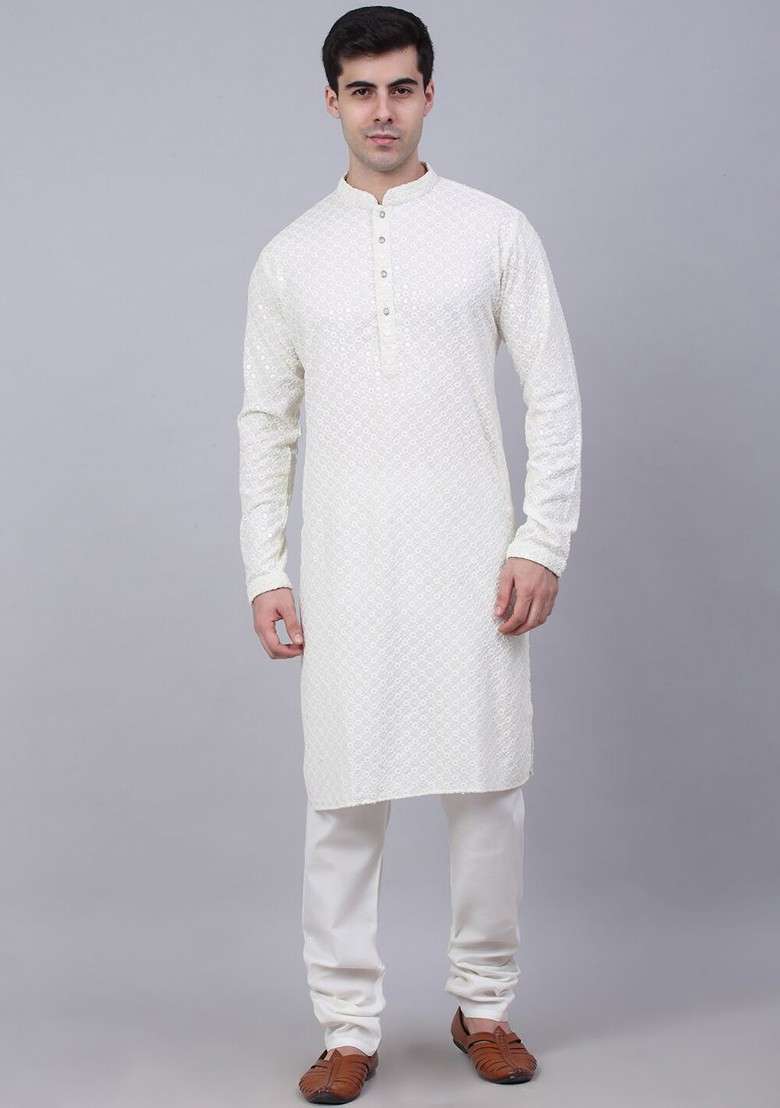 Off White Embroidered Poly Blend Kurta Set For Men - Indya