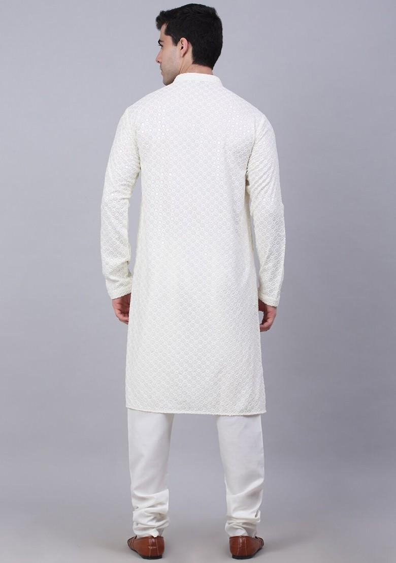 Off White Embroidered Poly Blend Kurta Set For Men