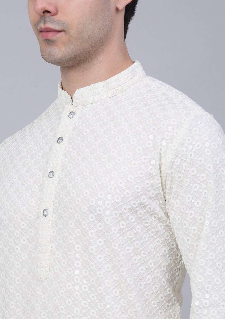 Off White Embroidered Poly Blend Kurta Set For Men - Indya