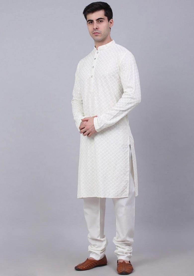 Off White Embroidered Poly Blend Kurta Set For Men
