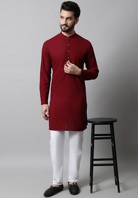 Maroon Embroidered Poly Blend Kurta Set For Men