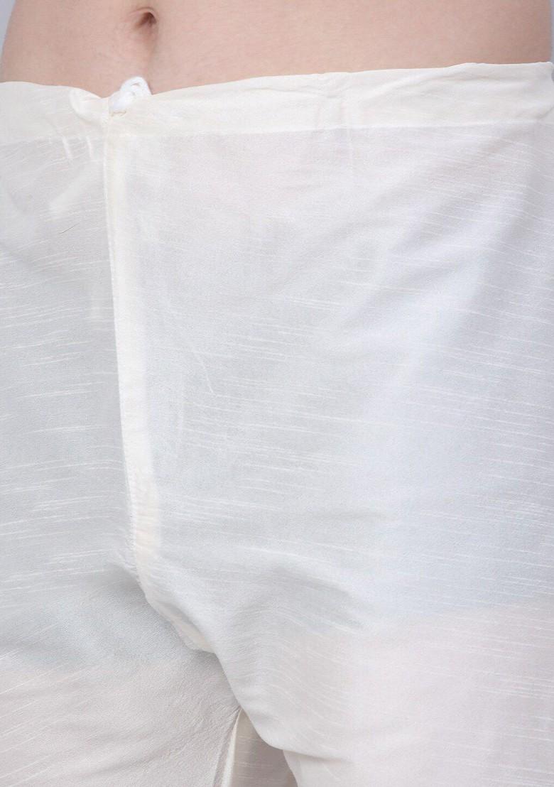 Off White Embroidered Poly Blend Kurta Set For Men