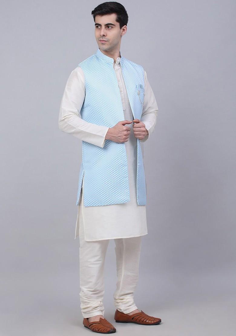 Off White Embroidered Poly Blend Kurta Set For Men