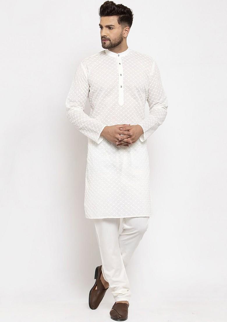 Cream Embroidered Poly Blend Kurta Set For Men
