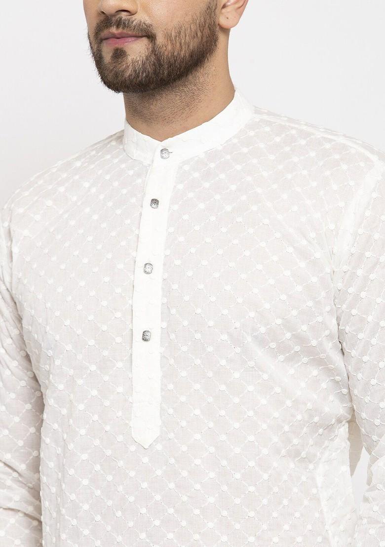 Cream Embroidered Poly Blend Kurta Set For Men