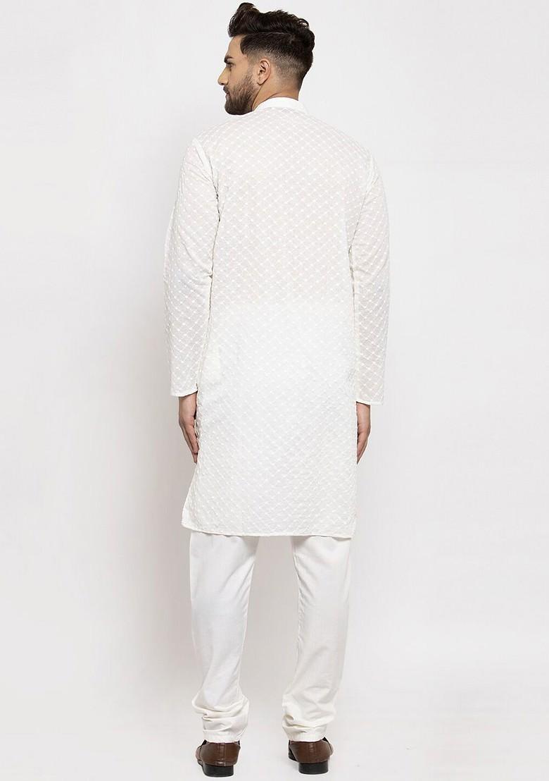 Cream Embroidered Poly Blend Kurta Set For Men