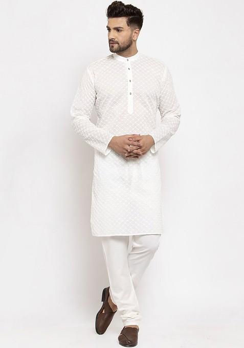 Cream Embroidered Poly Blend Kurta Set For Men