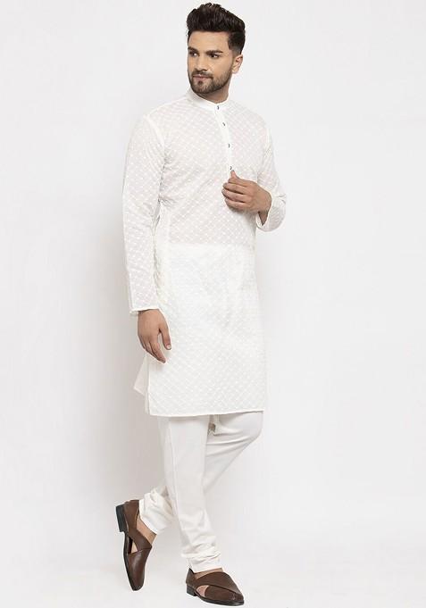 Cream Embroidered Poly Blend Kurta Set For Men