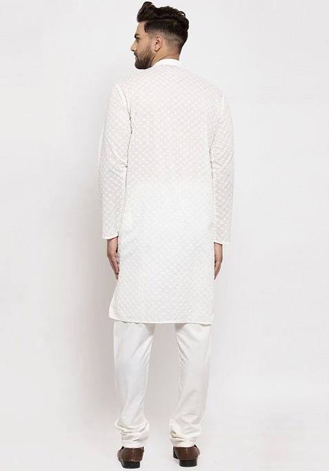 Cream Embroidered Poly Blend Kurta Set For Men