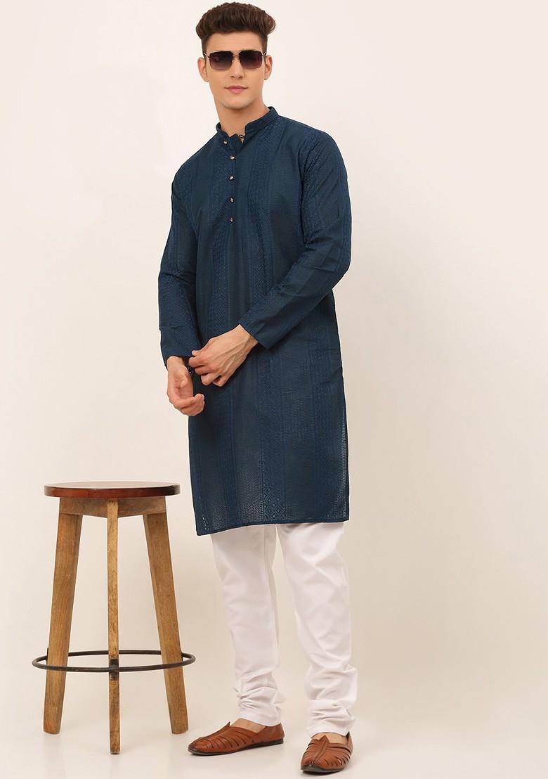 Teal Blue Embroidered Poly Blend Kurta Set For Men