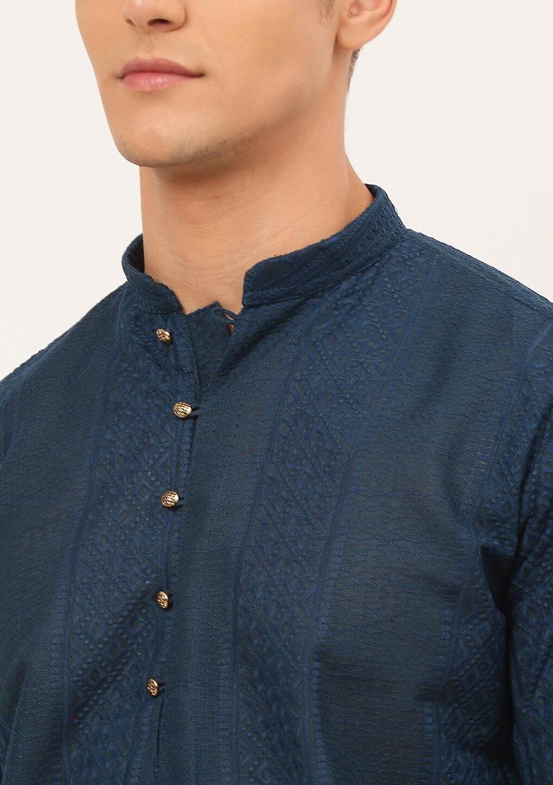 Teal Blue Embroidered Poly Blend Kurta Set For Men