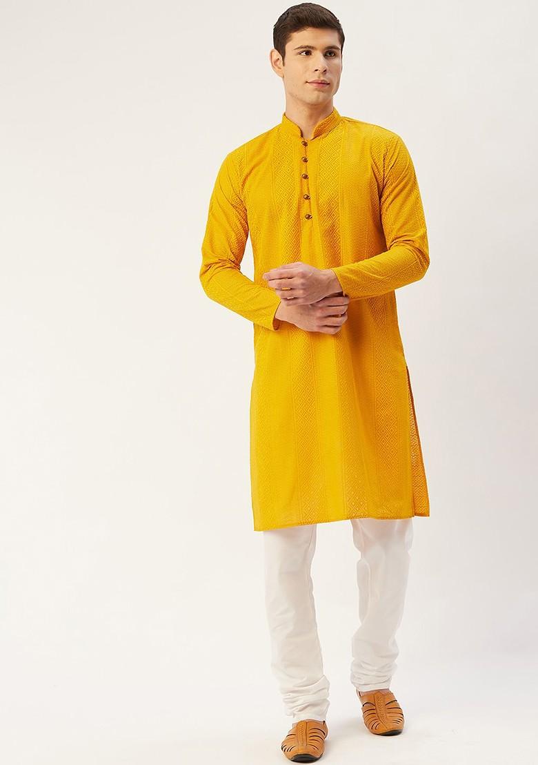 Mustard Yellow Embroidered Poly Blend Kurta Set For Men