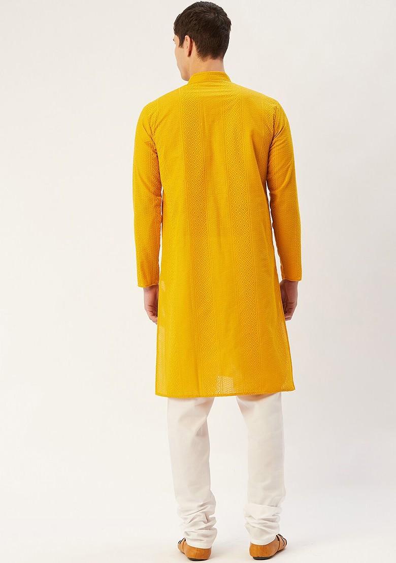 Mustard Yellow Embroidered Poly Blend Kurta Set For Men