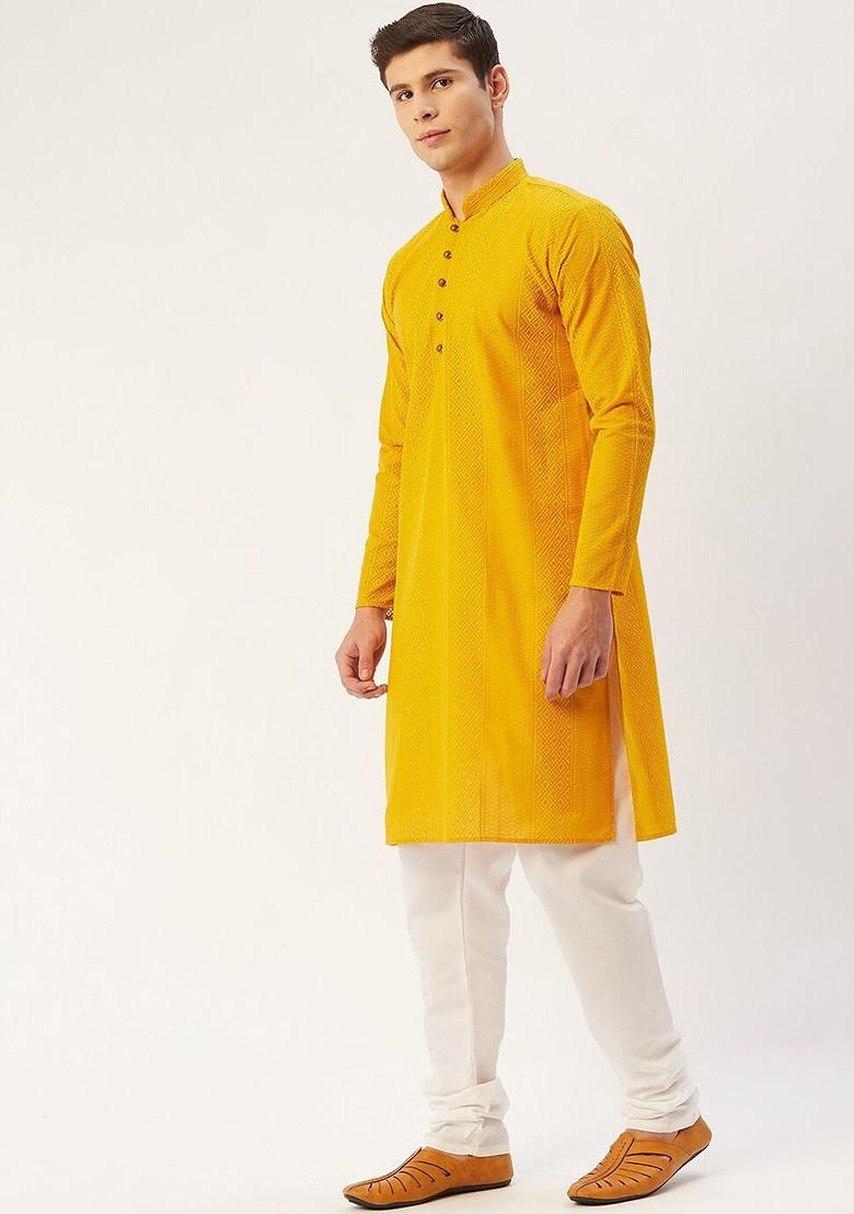 Mustard Yellow Embroidered Poly Blend Kurta Set For Men