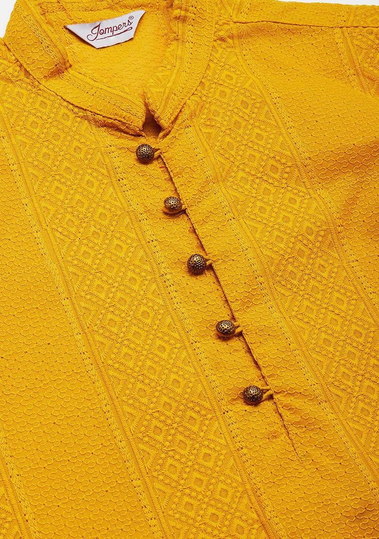 Mustard Yellow Embroidered Poly Blend Kurta Set For Men