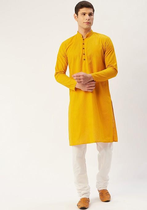 Mustard Yellow Embroidered Poly Blend Kurta Set For Men