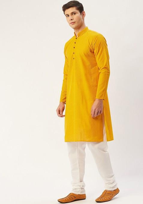 Mustard Yellow Embroidered Poly Blend Kurta Set For Men