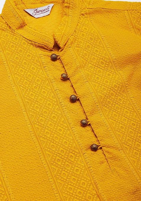 Mustard Yellow Embroidered Poly Blend Kurta Set For Men