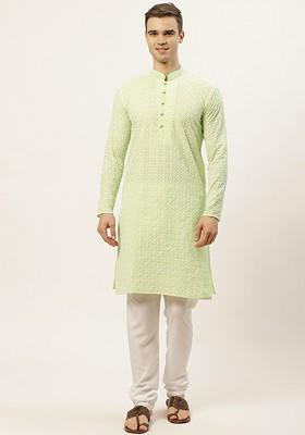 Green Floral Print Poly Blend Kurta Set For Men