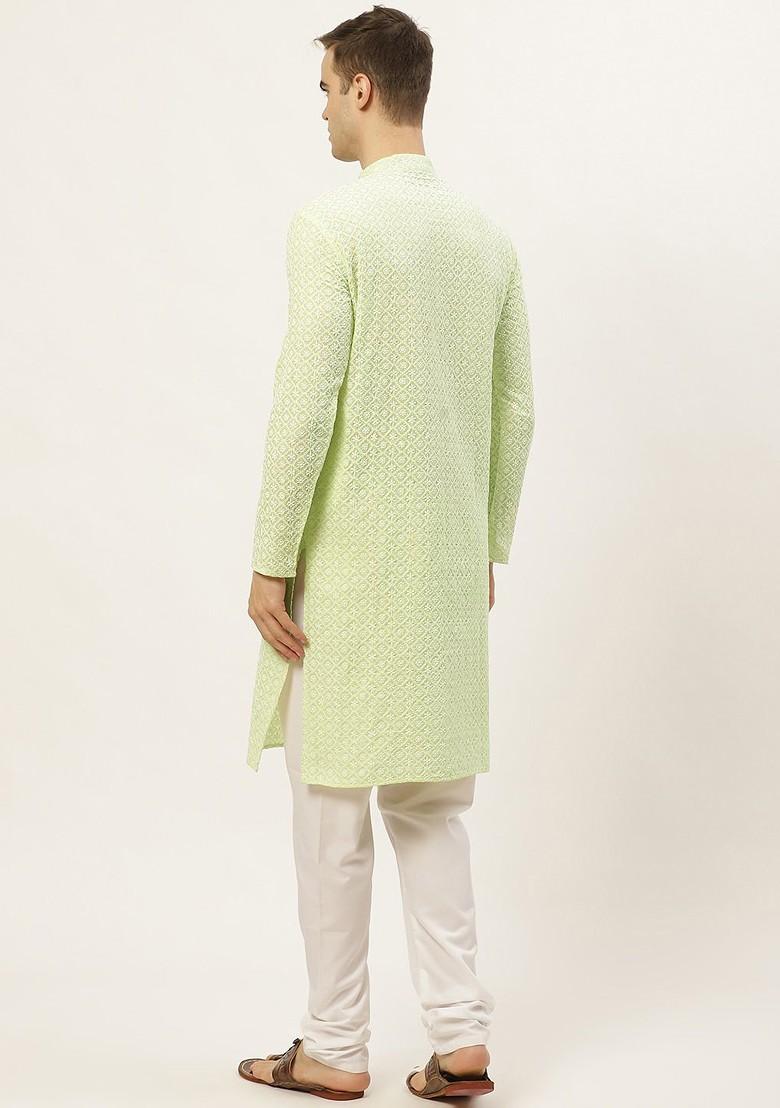 Green Floral Print Poly Blend Kurta Set For Men