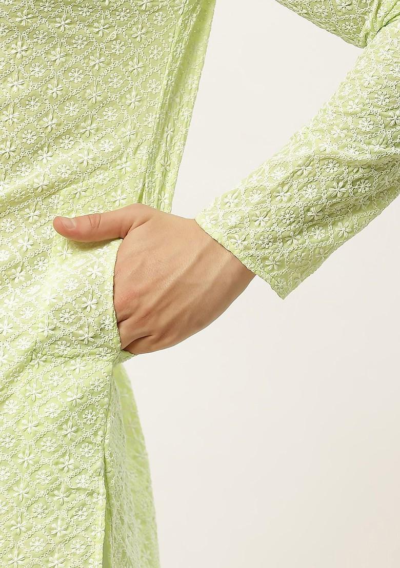 Green Floral Print Poly Blend Kurta Set For Men