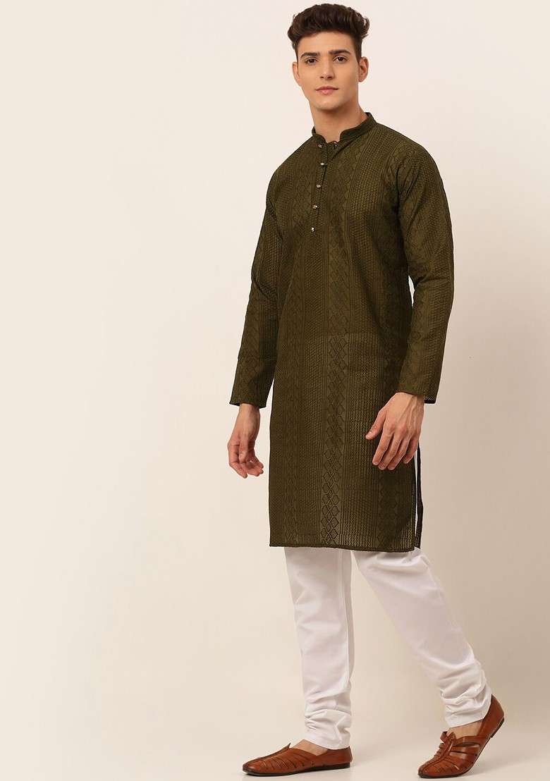 Olive Embroidered Poly Blend Kurta Set For Men - Indya