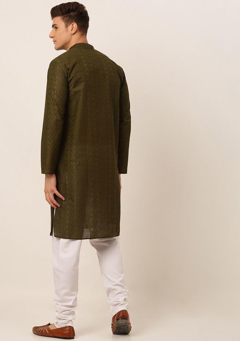 Olive Embroidered Poly Blend Kurta Set For Men
