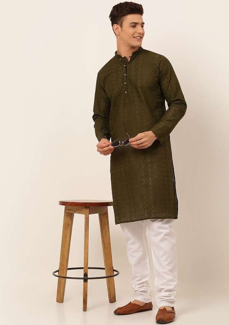 Olive Embroidered Poly Blend Kurta Set For Men - Indya