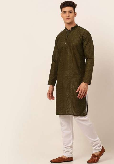 Olive Embroidered Poly Blend Kurta Set For Men