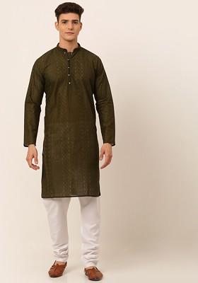 Olive Embroidered Poly Blend Kurta Set For Men