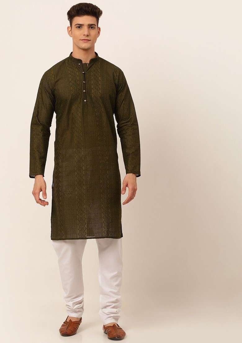 Olive Embroidered Poly Blend Kurta Set For Men - Indya