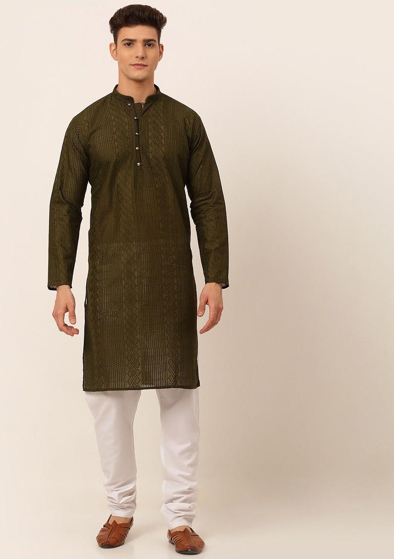 Olive Embroidered Poly Blend Kurta Set For Men