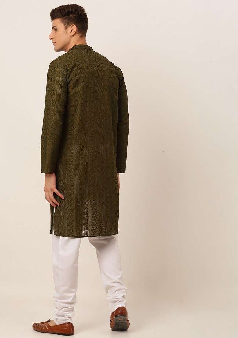 Olive Embroidered Poly Blend Kurta Set For Men - Indya