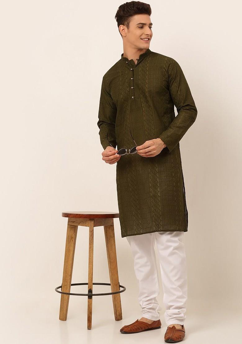 Olive Embroidered Poly Blend Kurta Set For Men