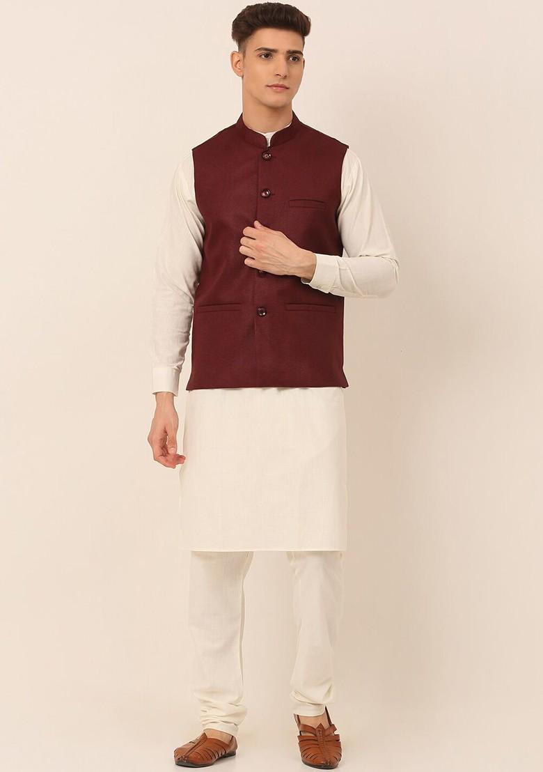 Maroon Embroidered Poly Blend Kurta Set For Men