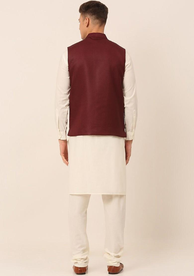 Maroon Embroidered Poly Blend Kurta Set For Men