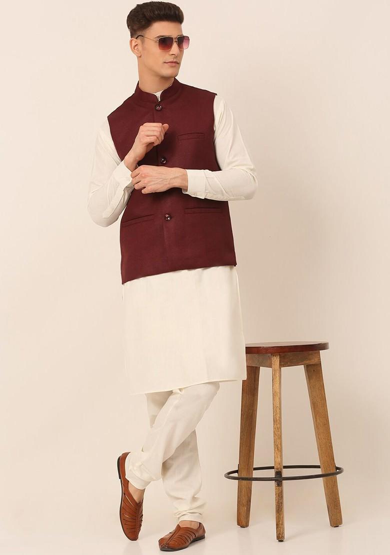 Maroon Embroidered Poly Blend Kurta Set For Men